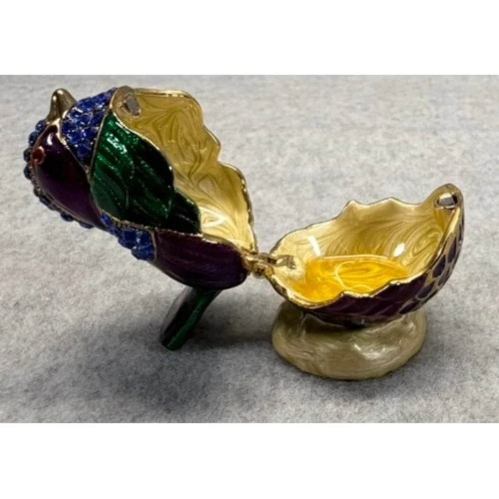 Enamel Bird Trinket Box Jeweled Rhinestone Hinged Collectible Purple Green Gold